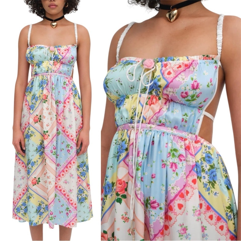 For Love & Lemons Cassandra Satin Crochet Romantic Open Back Midi Dress L NWT